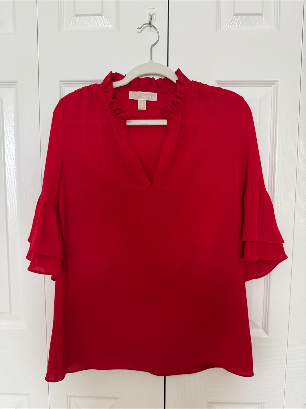 Michael Kors Vibrant Red Ruffle-Sleeve V-Neck Blouse